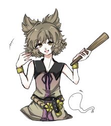  belt brown_belt brown_eyes brown_hair commentary_request cuffs dress ghost grey_dress highres liver017 looking_at_viewer medium_hair sleeveless sleeveless_dress straight-on touhou toyosatomimi_no_miko upper_body white_background 