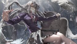  1boy 1girl black_hair carrying carrying_person dark-skinned_male dark_skin dress fate/stay_night fate_(series) heracles_(fate) highres illyasviel_von_einzbern long_hair outdoors skirt snow snowflakes snowing very_long_hair white_hair yeon_gaeng 