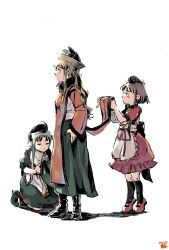  3girls apron back_bow black_boots black_bow black_hat black_socks blonde_hair boots bow brown_hair commentary dress from_side green_dress green_hair green_shoes green_skirt hat highres kneeling kokechankokko long_hair long_sidelocks long_sleeves matara_okina multiple_girls nishida_satono orange_sleeves orange_tabard pink_dress pink_shoes profile sash shirt shoes sidelocks skirt socks tabard tabard_lift tate_eboshi teireida_mai touhou untranslatable_commentary white_apron white_background white_sash white_shirt 