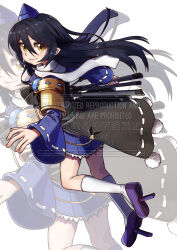  1girl absurdres black_hair blue_dress blue_hat brown_eyes commentary_request dress full_body geta hair_between_eyes hat highres holding holding_tripod iizunamaru_megumu long_hair long_sleeves looking_at_viewer one-hour_drawing_challenge pointy_ears pom_pom_(clothes) purple_shoes renshirenji ribbon-trimmed_sleeves ribbon_trim shoes shoulder_guard smile solo tengu-geta tokin_hat touhou tripod very_long_hair watermark wide_sleeves zoom_layer 
