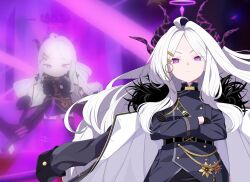  1girl ahoge black_coat black_gloves blue_archive coat coat_on_shoulders commentary_request demon_girl demon_horns demon_wings gloves gun halo highres hina_(blue_archive) holding holding_gun holding_weapon horns koflif long_hair looking_at_viewer low_wings machine_gun mg42 very_long_hair violet_eyes weapon white_hair wings 