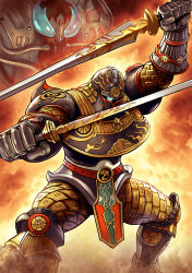  1boy absurdres armor black_armor black_helmet blue_eyes breastplate bug commentary_request commission dual_wielding feet_out_of_frame gauntlets helmet highres holding holding_sword holding_weapon legs_apart looking_at_viewer male_focus misogram ninpuu_sentai_hurricanger one-eyed pauldrons pelvic_curtain pixiv_commission projected_inset sargain shoulder_armor solo spiked_pauldrons spikes standing super_sentai sword weapon 