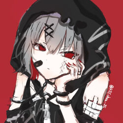  1girl artist_name bandaid bandaid_on_face bare_shoulders black_dress black_gloves black_hood black_tank_top closed_mouth colored_inner_hair crossed_bangs dress gauze_on_arm gloves grey_hair hair_between_eyes hair_ornament head_on_hand kasai_(ksichan_25) looking_at_viewer mahou_shoujo_no_majo_saiban multicolored_hair portrait red_background red_eyes red_hair red_nails shito_alisa short_hair signature simple_background solo stitched_face stitches tank_top twitter_username x_hair_ornament 