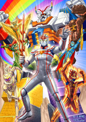  6+boys absurdres ai_no_senshi_rainbowman arm_up armor arms_up assault_visor aura blue_bodysuit bodysuit brown_bodysuit brown_scarf clenched_hands closed_mouth commentary_request commission covered_eyes covered_navel crescent crescent_hat_ornament dated day dirt feathered_wings fiery_aura fire gem_eyes gloved_sleeves glowing glowing_eye glowing_eyes golem green_bodysuit hands_up hat_ornament highres holding holding_staff holding_sword holding_weapon leaf mask mecha misogram multiple_boys multiple_persona one-eyed orange_assault_visor outdoors rainbow rainbow_seven rainbowman rainbowman_(dash_1) rainbowman_(dash_2) rainbowman_(dash_3) rainbowman_(dash_4) rainbowman_(dash_5) rainbowman_(dash_6) rainbowman_(dash_7) red_bodysuit red_eyes robot scarf seven-branched_sword signature skeb_commission staff standing sun_hat_ornament sword weapon white_bodysuit wings yellow_eyes yellow_wings 