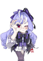  1girl ahoge black_nails blush bow bowtie drill_hair drill_sidelocks gem hairband hand_over_eye highres janbopurin leaning_forward long_hair long_sleeves looking_at_viewer mole mole_under_eye multicolored_hair one_eye_closed pointy_ears purple_bow purple_bowtie purple_gem purple_hair purple_hairband red_eyes shrug_(clothing) sidelocks simple_background smile solo streaked_hair vivian_banshee white_background white_shrug zenless_zone_zero 