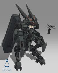  1girl :d absurdres artist_name brown_hair commentary_request controller digitigrade drone gradient_background grey_background head-mounted_display helmet highres joints looking_at_viewer mecha_musume original remote_control robot_joints science_fiction shadow smile solo soruto_0w98e standing visor_(armor) yellow_eyes 