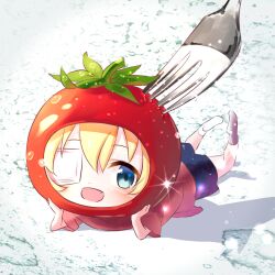  1girl :d blonde_hair blue_eyes blue_shorts blush cherry_tomato chibi chibi_only commentary_request eyepatch fang food_costume fork glint hair_between_eyes hands_up highres looking_at_viewer lying medical_eyepatch nakatsu_shizuru no_shoes on_stomach one_eye_covered open_mouth pink_shirt rewrite shirt short_sleeves shorts smile socks solo tagame_(tagamecat) the_pose tomato water_drop white_socks 