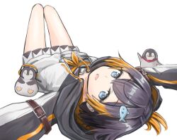  1girl arm_belt baby_animal bird black_hair black_sailor_collar blonde_streaks blue_eyes commentary double-parted_bangs emperor_penguin fish_hair_ornament folded_ponytail hair_ornament headphones highres hood hooded_jacket jacket long_sleeves looking_at_viewer lying multicolored_hair neckerchief nijisanji nijisanji_en on_back open_mouth orange_neckerchief penguin penguin_chick pentomo_(petra_gurin) petra_gurin petra_gurin_(1st_costume) sailor_collar scarf school_uniform serafuku short_hair simple_background skirt smile solo streaked_hair two-tone_hair untranslatable_commentary virtual_youtuber waneyeye white_background white_skirt 
