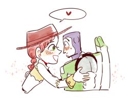  1boy 1girl animification brown_hair buzz_lightyear cowboy cowboy_hat hat jessie_the_yodeling_cowgirl long_hair long_sleeves nhbzzdy open_mouth red_hair sheriff_woody shirt simple_background smile toy_story toy_story_2 vest 