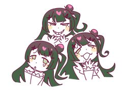  1girl akiha_school_uniform bang_dream! bang_dream!_yumemita bourbunbun crying crying_with_eyes_open evil_grin evil_smile green_hair grin hair_bun hair_ornament hairclip highres long_hair long_sleeves mole mole_under_mouth multiple_girls one_side_up open_mouth sad school_uniform simple_background single_side_bun smile solo tears viola_(bang_dream!) white_background x_hair_ornament 