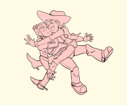  2boys animification brown_hair buzz_lightyear cowboy_hat hat hug long_sleeves male_focus multiple_boys nhbzzdy open_mouth sheriff_woody shirt short_hair simple_background smile spacesuit toy_story white_background 