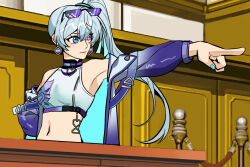 1girl ace_attorney armpits blue_eyes blue_hair blue_jacket blue_ribbon blue_ring breasts closed_mouth courtroom earrings eyewear_on_head genmu_kumotori hair_ornament heart heart_earrings heterochromia indie_virtual_youtuber jacket jewelry meme navel phoenix_wright:_ace_attorney pixel_sunglasses pointing ponytail ribbon shirt solo sports_bra sunglasses violet_eyes virtual_youtuber white_sports_bra 