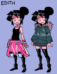  1girl alternate_costume baggy_shorts bare_shoulders black_boots black_hair black_shirt black_shoes blank_eyes boots breasts character_name character_profile coat dual_persona edith_(teknodice) english_text fingerless_gloves full_body fur-trimmed_coat fur_trim garter_straps gloves gradient_background green_coat hair_bun oekaki original pants pink_garter_straps pink_gloves pink_pants shirt shoes short_hair small_breasts solid_eyes solo standing teknodice 
