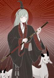  1boy 1girl absurdres alternate_costume bang_dream! bang_dream!_it's_mygo!!!!! chinese_clothes dao green_hair grey_hair hanfu hat highres holding holding_instrument instrument japanese_clothes long_hair long_sleeves looking_at_viewer monster risumia robe solo standing wakaba_mutsumi weapon wide_sleeves xiao_guan_(headdress) yellow_eyes zhijupao 