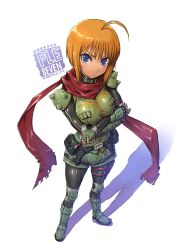  1girl ahoge amania_orz armor blue_eyes breasts breasts_squeezed_together brown_hair commentary_request elpeo_puru full_body gacha-m gundam gundam_zz highres orange_hair puru_seven red_scarf scarf shadow short_hair shorts shoulder_armor solo spiked_armor spikes standing tactical_clothes white_background 