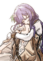  1girl absurdres artist_name chain closed_eyes closed_mouth commentary_request cuffs dated dress flower hair_flower hair_ornament highres hugging_own_legs long_hair long_sleeves one-hour_drawing_challenge purple_hair shackles simple_background solo touhou tsukumo_benben ve1024 very_long_hair white_background yellow_dress 