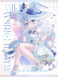  1girl :3 ankle_strap blue_bow blue_dress blue_eyes blue_gloves blue_hair blue_hat blue_shoes blue_shorts bow cat_hat_ornament character_request commentary_request crescent dress english_commentary flower frilled_umbrella frills gloves hat hat_ornament highres holding holding_umbrella maimai_(game) mixed-language_commentary mofuuneko pink_bow shoes short_hair shorts solo spaghetti_strap star_(symbol) star_hat_ornament umbrella witch_hat 