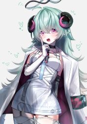  1girl absurdres animal_ears black_choker blush choker commentary_request curled_horns darekq_3 dress elbow_gloves fingerless_gloves garter_straps gloves goat_ears goat_girl green_hair heart highres horns iroi_(nte) jacket looking_at_viewer lying neverness_to_everness on_back open_mouth smile solo thigh-highs violet_eyes white_dress white_garter_straps white_gloves white_jacket white_thighhighs zettai_ryouiki 