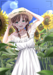  1girl :d arm_up artist_name bare_shoulders blue_sky blurry blurry_background blurry_foreground blush braid brown_hair brown_hat collarbone commentary_request cowboy_shot day dress field flower flower_field green_eyes hand_on_headwear hand_up hat highres leaning_to_the_side lens_flare long_hair looking_at_viewer low_twin_braids off-shoulder_dress off_shoulder open_mouth original outdoors signature sky smile solo soragane_(banisinngurei) standing straw_hat sunflower sunflower_field teeth twin_braids upper_teeth_only viewfinder white_dress yellow_flower 
