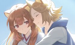  2girls animal_ears blue_background blue_vest blunt_bangs braid brown_hair closed_eyes commentary commission dog_ears dog_girl double-parted_bangs english_commentary hair_between_eyes half_up_braid highres hood hood_down hooded_vest hoodie hug japanese_clothes kimono long_hair long_sidelocks long_sleeves looking_at_another looking_to_the_side medium_hair messy_hair mokum09 multiple_girls parted_bangs raccoon_ears raccoon_girl raphtalia red_eyes second-party_source shirt sidelocks skeb_commission smile split_mouth straight_hair tanuki tate_no_yuusha_no_nariagari upper_body vest white_kimono white_shirt wyndia_(tate_no_yuusha_no_nariagari) 
