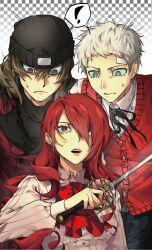  ! 1girl 2boys aragaki_shinjirou beanie black_ribbon black_sweater bow bowtie brown_eyes brown_hair checkered_background closed_mouth coat collared_shirt commentary_request gradient_background grey_eyes grey_hair hat highres holding holding_sword holding_weapon kirijou_mitsuru korean_commentary long_hair long_sleeves looking_at_another medium_hair mnm555_5 multiple_boys neck_ribbon open_mouth persona persona_3 red_bow red_bowtie red_eyes red_hair red_sweater_vest ribbon sanada_akihiko shirt short_hair spoken_exclamation_mark sweatdrop sweater sweater_vest sword turtleneck turtleneck_sweater upper_body weapon white_shirt 