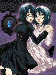  2boys air_gear androgynous aqua_hair black_dress border commentary_request corset crossdressing crossdressing_(mtf) dress eyepatch frills heart heart_eyepatch highres holding_hands juliet_sleeves lace lace_border letterboxed long_sleeves male_focus multiple_boys ornate_border pink_dress puffy_sleeves purple_background short_hair slit_pupils taru1224 wanijima_agito wanijima_akito yellow_eyes 