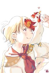  1girl animal_on_head animal_on_shoulder arm_up bird bird_on_head bird_on_shoulder blonde_hair blush capelet chicken commentary dated heart highres kokechankokko neckerchief niwatari_kutaka on_head orange_capelet profile red_eyes red_hair red_neckerchief shirt short_hair smile solo touhou untranslatable_commentary white_background white_shirt wings 