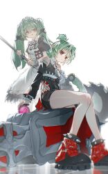  2girls apron bare_shoulders black_dress black_shirt black_shorts bracelet circular_saw closed_mouth commentary corin_wickes crop_top detached_sleeves dress glasses green_hair hair_between_eyes high-waist_shorts highres holding holding_saw holding_weapon jewelry k_(ke04609) long_hair looking_at_viewer maid maid_apron maid_headdress multiple_girls open_mouth pointy_ears red_eyes roxy_ifrita_pryce saw scar scar_on_shoulder shirt shoes shorts simple_background sitting spiked_bracelet spiked_shoes spikes untranslatable_commentary violet_eyes weapon white_background zenless_zone_zero 