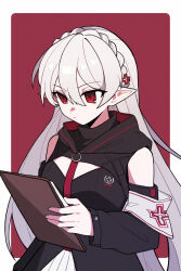  1girl arknights armband black_dress black_sleeves border braid chinese_commentary clipboard commentary_request cross_hair_ornament crown_braid detached_sleeves dress frown grey_hair hair_between_eyes hair_ornament highres holding holding_clipboard long_hair long_sleeves minamit outside_border pointy_ears red_background red_eyes simple_background solo upper_body very_long_hair warfarin_(arknights) white_border 