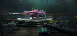  3d 3others film_grain hangar highres mark_zhang mixed_media multiple_others original science_fiction spacecraft vehicle_focus walkway wide_shot wire 