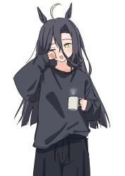  1girl absurdres ahoge animal_ears black_pants black_sweater blunt_ends commentary_request cup drawstring grey_hair hair_between_eyes highres holding holding_cup horse_ears horse_girl long_hair long_hair_between_eyes long_sleeves manhattan_cafe_(umamusume) mug multicolored_hair one_eye_closed open_mouth pants rubbing_eyes simple_background sleeping solo steam steaming_cup sugidoritos sweater umamusume very_long_hair white_background yawning yellow_eyes 