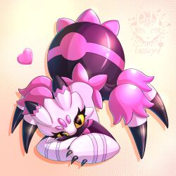 absurdres bent_over black_eyes black_fur bug colored_sclera commentary english_commentary furry highres legs multicolored_hair palworld pink_fur resting spider tarantriss two-tone_hair yellow_sclera 
