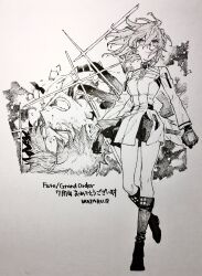  1boy 1girl anniversary black_boots black_gloves boots chaldea_logo fate/grand_order fate_(series) fujimaru_ritsuka_(female) fujimaru_ritsuka_(female)_(decisive_battle_chaldea_uniform) fujimaru_ritsuka_(male) fujimaru_ritsuka_(male)_(decisive_battle_chaldea_uniform) full_body gloves greyscale highres jacket long_sleeves monochrome open_mouth sweat upside-down wataru_rei white_jacket 
