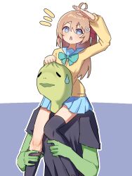  1boy 1girl absurdres ahoge arm_up asymmetrical_legwear black_shirt black_socks black_thighhighs blue_eyes blue_sailor_collar blue_skirt bow bowtie brown_hair cardigan carrying commentary feet_out_of_frame from_side grabbing_another's_head green_bow green_bowtie hair_between_eyes hair_ornament hair_ribbon heart heart_hair_ornament highres long_hair long_sleeves miniskirt neuro-sama neuro-sama_(1st_costume) notice_lines pleated_skirt red_ribbon ribbon sailor_collar shirt short_sleeves shoulder_carry skirt socks sparkling_eyes sweatdrop tanhuluu thigh-highs triangle_mouth two_side_up uneven_legwear untranslatable_commentary vedal987 vedal_ai virtual_youtuber yellow_cardigan 