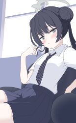  1girl :/ black_hair black_necktie black_skirt blue_archive blush closed_mouth collared_shirt commentary_request cowboy_shot diagonal-striped_clothes diagonal-striped_necktie double_bun dress_shirt dutch_angle frown grey_eyes grey_halo hair_bun halo hand_up highres indoors kisaki_(blue_archive) kisaki_(school_uniform)_(blue_archive) long_hair looking_at_viewer miniskirt natsukage_ao necktie playing_with_own_hair pleated_skirt shirt short_sleeves sidelocks sitting skirt solo striped_clothes striped_necktie tsurime twintails white_shirt 