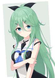  1girl absurdres black_bow black_shirt blue_eyes blue_neckerchief blush border bow breasts choker commentary_request double-parted_bangs green_background green_hair hair_between_eyes hair_bow hair_ornament hairclip hand_on_own_arm highres kantai_collection long_sidelocks looking_at_viewer medium_breasts neckerchief one_side_up outside_border parallel_hairclips sailor_collar shirt sidelocks simple_background sleeveless sleeveless_shirt solo two-tone_shirt upper_body white_border white_choker white_sailor_collar white_shirt yachima yamakaze_(kancolle) 