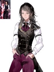  1girl armlet ascot bang_dream! bang_dream!_it's_mygo!!!!! black_hair black_vest feiyu30903448 green_eyes highres jewelry long_hair open_mouth pants purple_ascot purple_pants reference_inset shirt simple_background solo vest white_background white_shirt yahata_umiri 