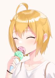  1girl absurdres ahoge blonde_hair blush bracelet closed_eyes collarbone commentary_request double-parted_bangs food hair_between_eyes hair_flaps highres holding holding_ice_cream_cone ibuki_tsubasa ice_cream ice_cream_cone idolmaster idolmaster_million_live! idolmaster_million_live!_theater_days jewelry medium_hair necklace shirt short_sleeves sidelocks simple_background solo star_(symbol) star_necklace upper_body waffle_cone white_background white_shirt yachima 