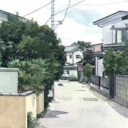  blue_sky brick_wall building car cat clouds cloudy_sky day fence gegyjiji highres house motor_vehicle no_humans original outdoors power_lines road scenery sky street tree utility_pole 