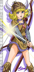  1970s_(style) 1girl absurdres armor arrow_(projectile) blonde_hair blue_eyes boots bow_(weapon) brooch brown_tunic curly_hair drop_shadow fake_horns flower flower_brooch flower_necklace fur_boots hana_no_ko_lunlun helmet highres holding holding_sword holding_weapon horned_helmet horns jewelry looking_at_viewer lunlun_(hana_no_ko_lunlun) masaaki_endo official_alternate_costume purple_trim quiver retro_artstyle scale_armor short_hair signature solo sword tunic viking weapon white_background 