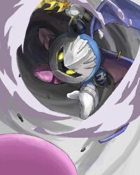  armor bad_drawr_id bad_id bat_wings flying galaxia_(sword) gloves hainesursu holding holding_sword holding_weapon kirby kirby_(series) mask meta_knight no_humans shoulder_armor smoke swinging_weapon sword void_face weapon white_gloves wings yellow_eyes 