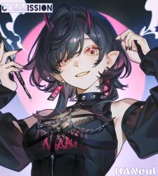  1girl black_horns black_nails black_sleeves chain choker cleavage_cutout clothing_cutout detached_sleeves earrings fang hanafuda_earrings harness holding holding_smoking_pipe horns jellyfish_cut jewelry long_sleeves o-ring o-ring_harness orange_eyes original pointy_ears short_hair sleeveless slit_pupils smoke smoking_pipe solo spiked_choker spikes upper_body yangyii1606_(user_mazh5327) yellow_eyes 