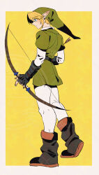  1boy absurdres belt blonde_hair boots border bow_(weapon) earrings fingerless_gloves from_side full_body gloves green_tunic hat highres holding holding_bow_(weapon) holding_weapon jewelry link male_focus pants phrygian_cap pointy_ears profile rani_grb short_hair solo standing the_legend_of_zelda the_legend_of_zelda:_ocarina_of_time tunic watermark watermark_grid weapon white_border white_pants yellow_background 