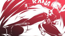  1girl :o ahoge akanee101 antennae artist_name bodysuit breasts character_name clenched_hand commentary_request fake_antennae flying_kick hair_over_one_eye highres impact_frames kana_homura kicking large_breasts monochrome open_mouth red_theme rider_belt rider_kick short_hair solo thai_commentary v.w.y 