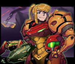  1girl arm_cannon assault_visor blonde_hair blue_eyes commentary english_commentary ethandoesathing helmet highres holding holding_unworn_helmet metroid ponytail power_suit_(metroid) samus's_gunship samus_aran solo unworn_headwear unworn_helmet upper_body varia_suit weapon 