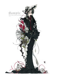  1girl absurdres black_bonnet black_dress black_hair bonnet bow bug butterfly colored_extremities commission cross dress extra_hands flower full_body green_eyes green_nails highres jewelry long_dress long_hair long_sleeves mihuashi_commission mole mole_under_eye multiple_moles original ring rose sample_watermark skull skull_ornament sleeves_past_wrists solo standing sumiko_cheng very_long_hair watermark white_background white_bow white_flower white_rose wide_sleeves 