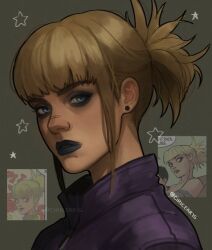  1girl absolute_batman absolute_dc artist_name black_eyeshadow black_lips blonde_hair blue_eyes ciricearts dc_comics eyeshadow goth_fashion highres lipstick makeup piercing ponytail signature solo stephanie_brown stephanie_brown_(absolute_dc) twitter_username upper_body 