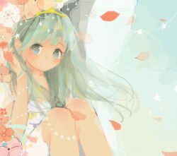  1girl bad_drawr_id bad_id blue_eyes blush copyright_request dress falling_petals feet_out_of_frame flower green_eyes grin hand_up hapisony knees_up long_hair looking_at_viewer petals pink_flower red_flower red_petals sitting sleeveless sleeveless_dress smile solo tiara white_dress white_flower 