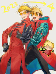  2023 2boys black_pants blonde_hair chibi coat earrings highres jewelry mole mole_under_eye multiple_boys orange-tinted_eyewear pants prosthesis prosthetic_arm red_coat round_eyewear single_earring spiky_hair tinted_eyewear trigun trigun_maximum trigun_stampede v vash_the_stampede wakrtk white_background 