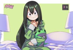  1girl asui_tsuyu black_hair boku_no_hero_academia coat expressionless green_coat highres hood hooded_coat long_hair looking_at_viewer shibayamamohu sitting solo stuffed_animal stuffed_frog stuffed_toy 